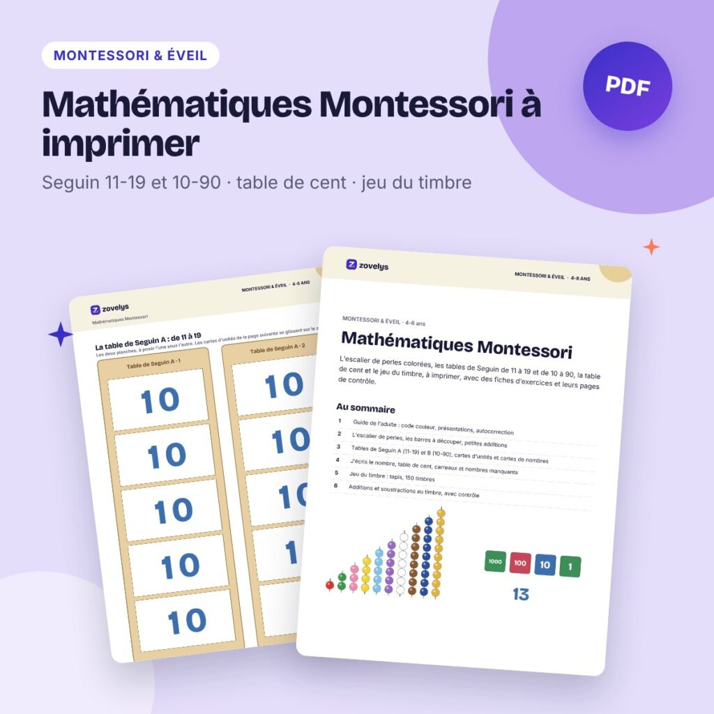 Mathématiques Montessori à imprimer – tables de Seguin et jeu du timbre