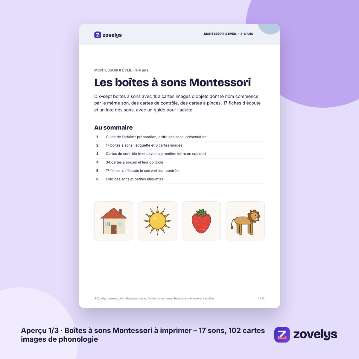 Boîtes à sons Montessori à imprimer – 17 sons, 102 cartes images de phonologie – aperçu 1