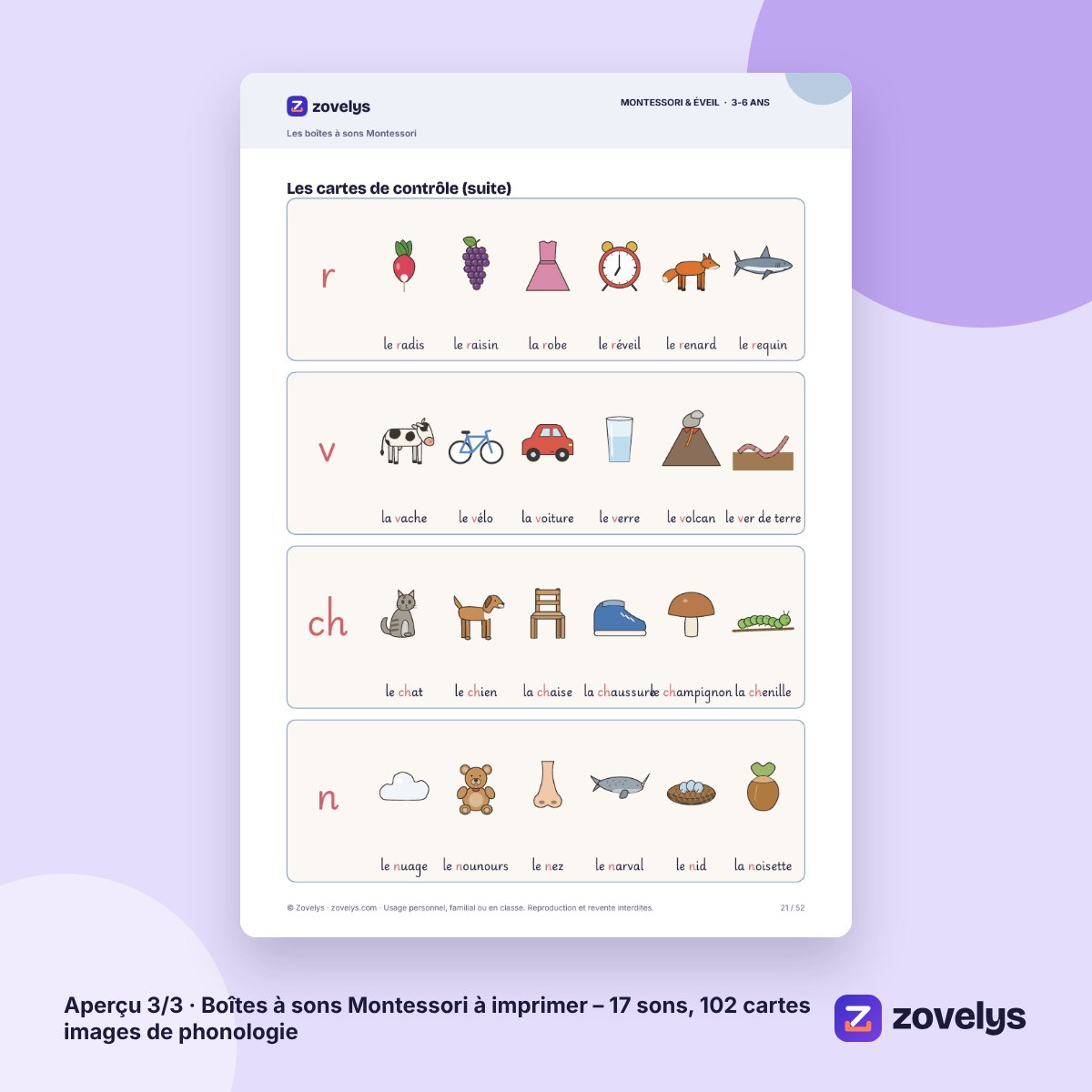 Boîtes à sons Montessori à imprimer – 17 sons, 102 cartes images de phonologie – aperçu 3