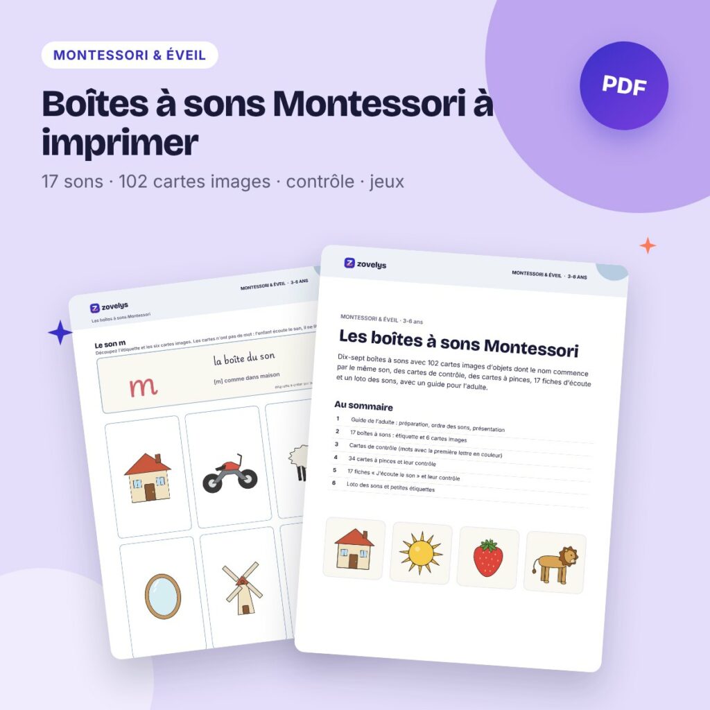 Boîtes à sons Montessori à imprimer – 17 sons, 102 cartes images de phonologie