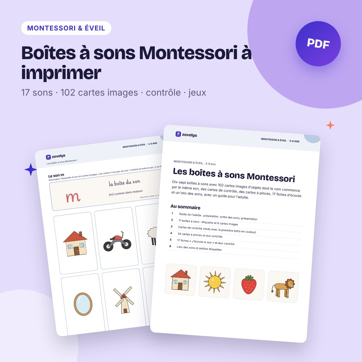 Boîtes à sons Montessori à imprimer – 17 sons, 102 cartes images de phonologie