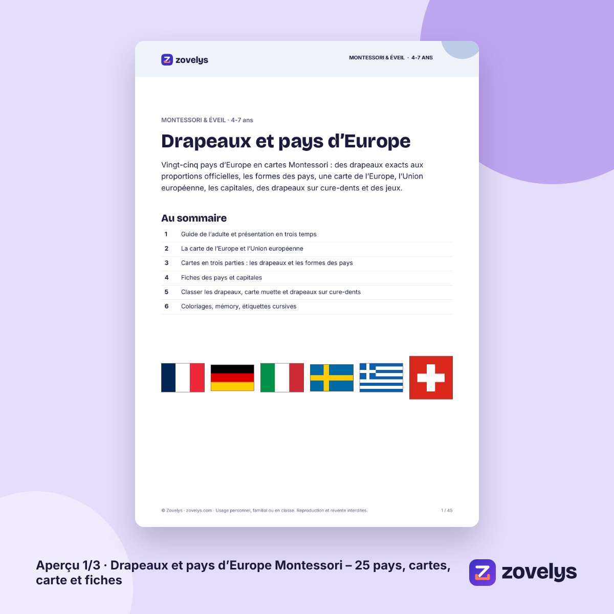Drapeaux et pays d’Europe Montessori – 25 pays, cartes, carte et fiches – aperçu 1