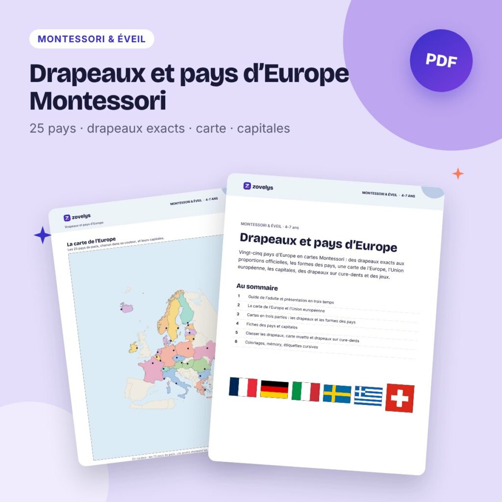 Drapeaux et pays d’Europe Montessori – 25 pays, cartes, carte et fiches