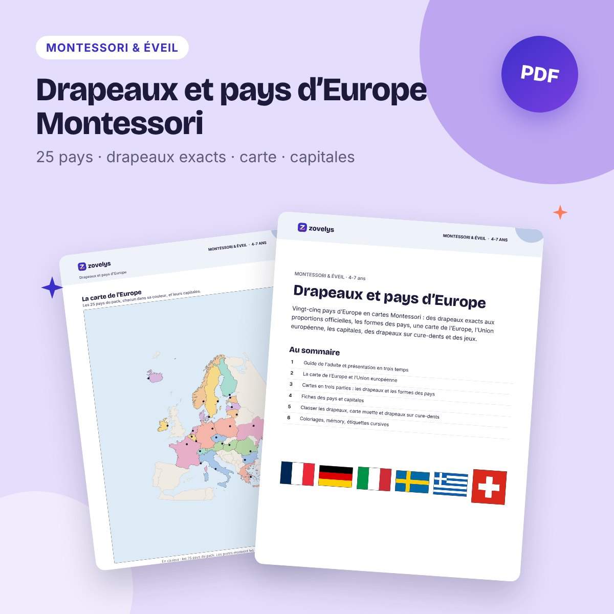 Drapeaux et pays d’Europe Montessori – 25 pays, cartes, carte et fiches