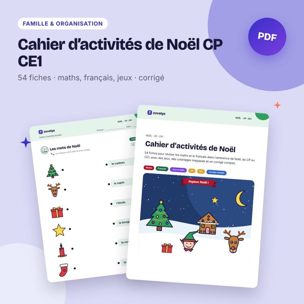 Cahier d’activités de Noël CP CE1 – 62 pages de maths et français