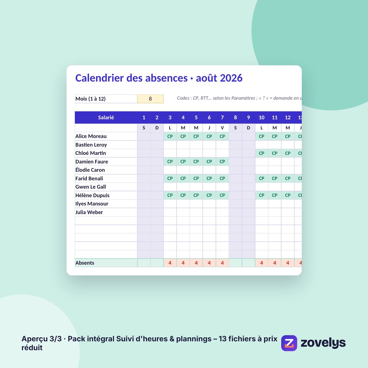 Pack intégral Suivi d'heures & plannings – 13 fichiers à prix réduit – aperçu 3