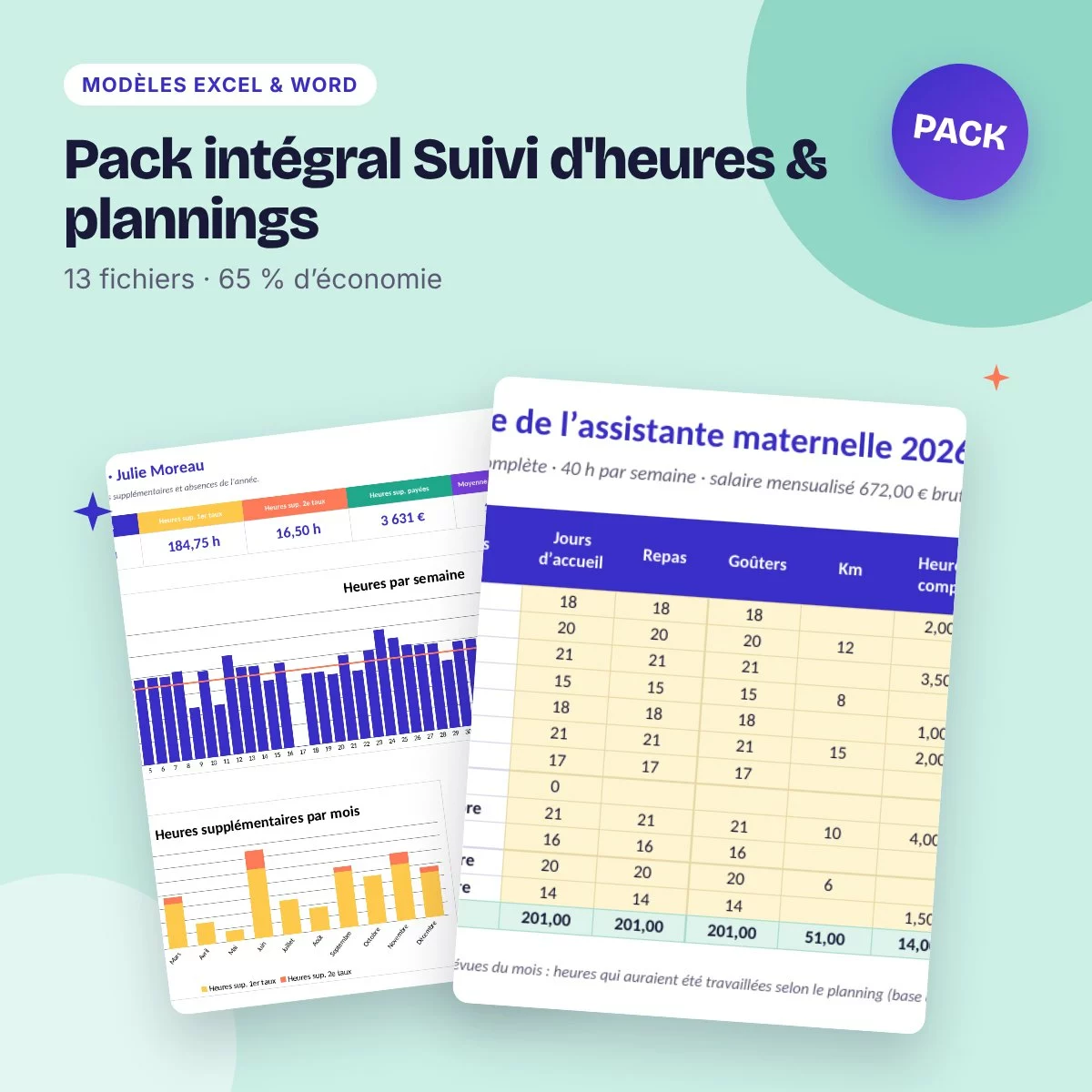 Pack intégral Suivi d'heures & plannings – 13 fichiers à prix réduit