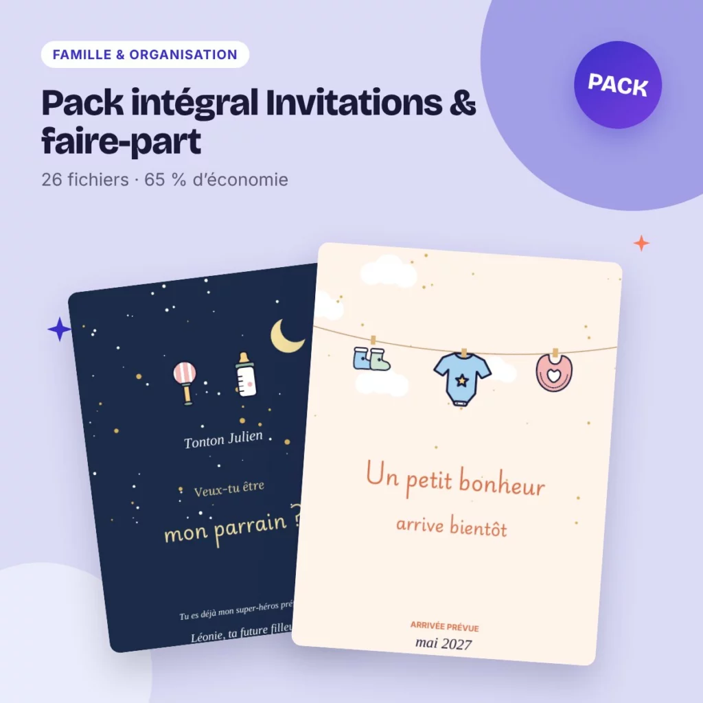 Pack intégral Invitations & faire-part – 26 fichiers à prix réduit