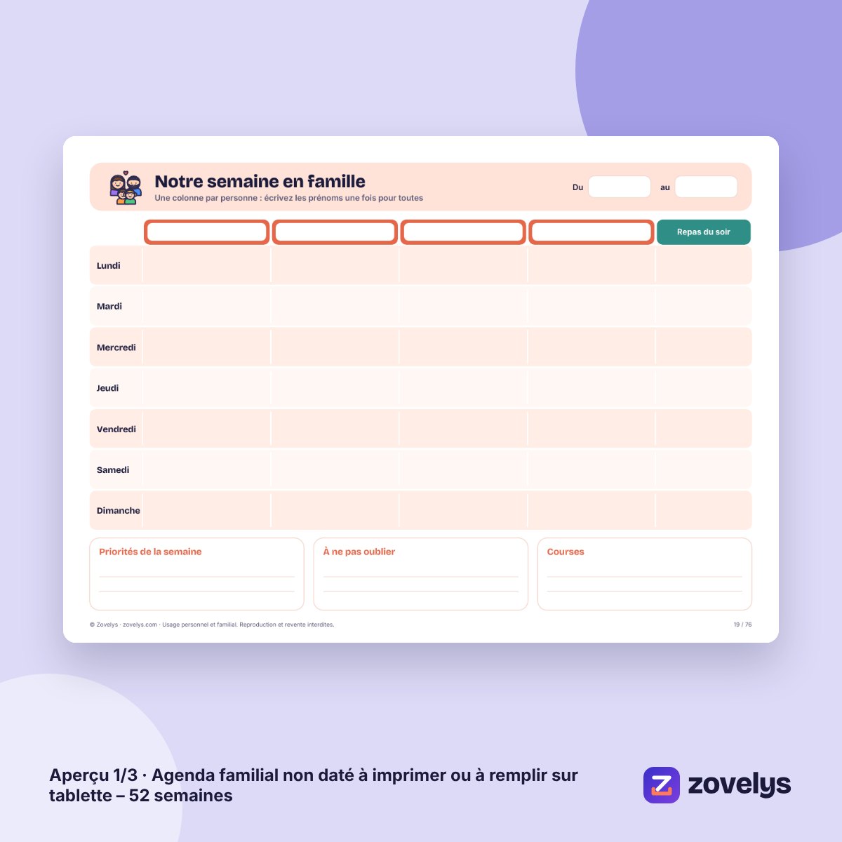 Agenda familial non daté à imprimer ou à remplir sur tablette – 52 semaines – aperçu 1