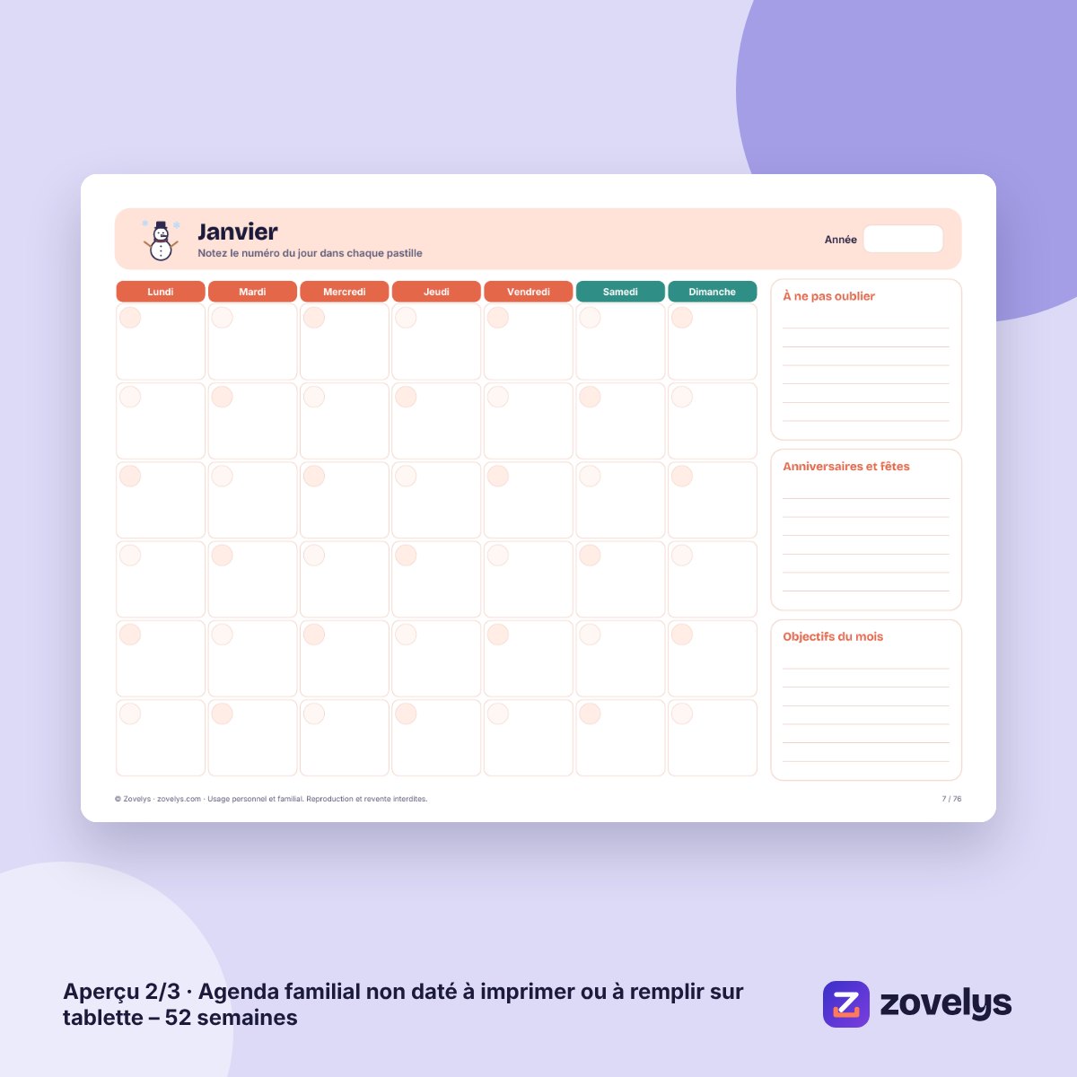 Agenda familial non daté à imprimer ou à remplir sur tablette – 52 semaines – aperçu 2
