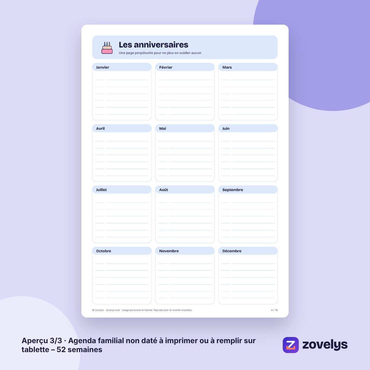 Agenda familial non daté à imprimer ou à remplir sur tablette – 52 semaines – aperçu 3