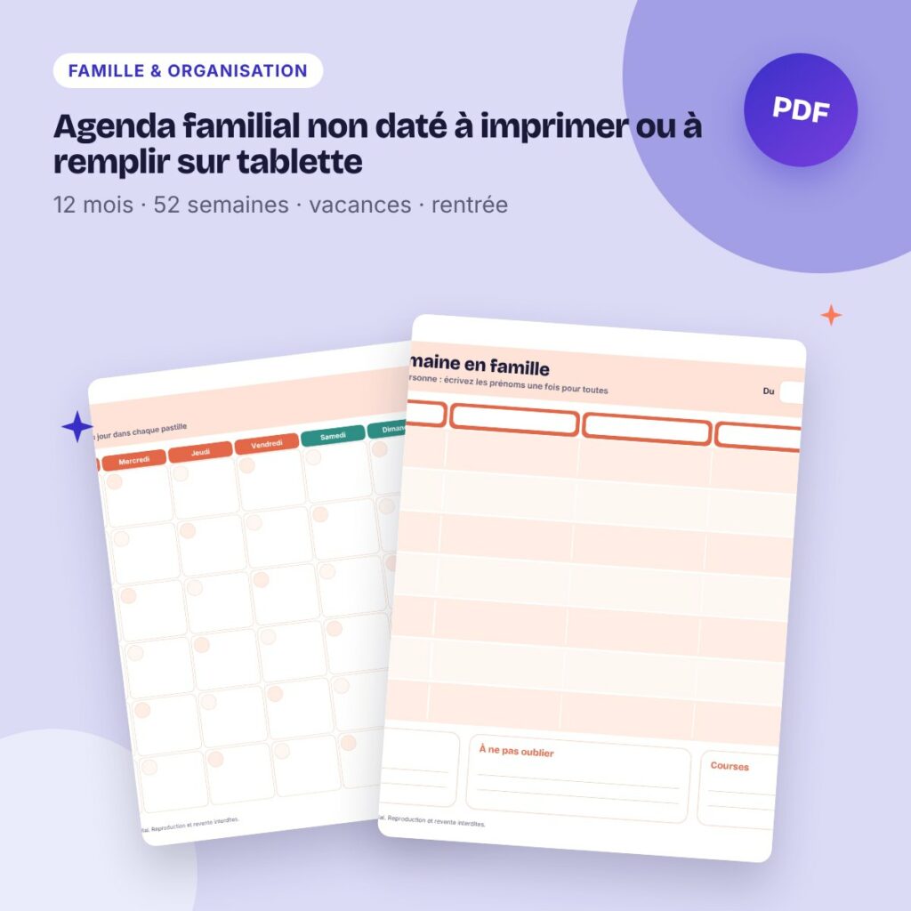 Agenda familial non daté à imprimer ou à remplir sur tablette – 52 semaines
