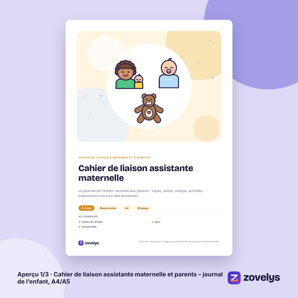 Cahier de liaison assistante maternelle et parents – journal de l’enfant, A4/A5 – aperçu 1