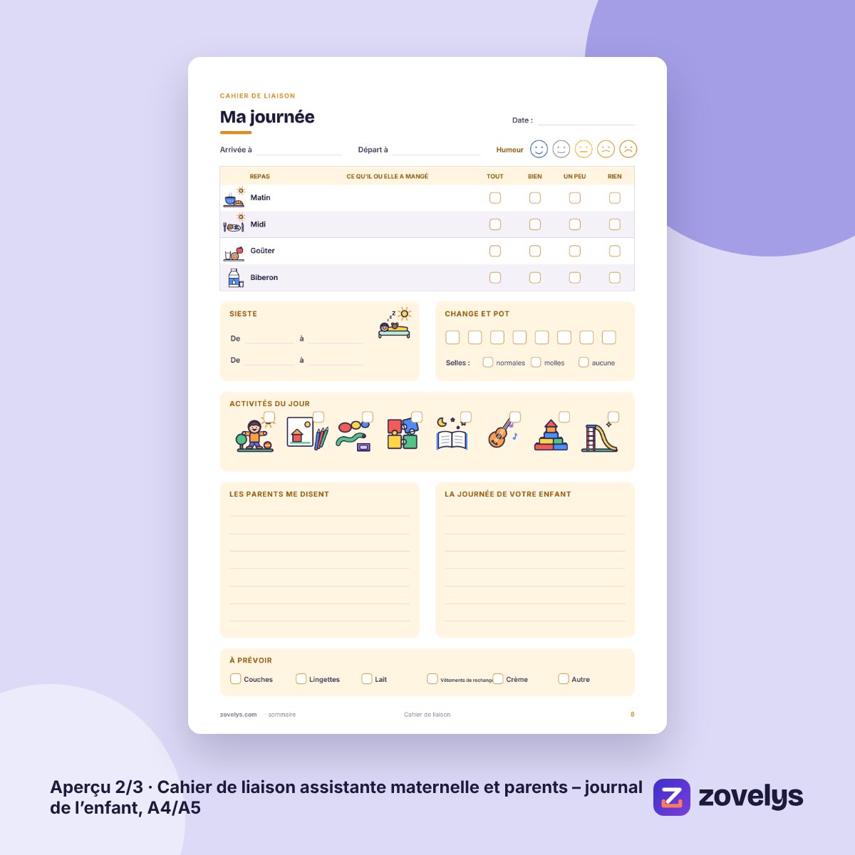 Cahier de liaison assistante maternelle et parents – journal de l’enfant, A4/A5 – aperçu 2