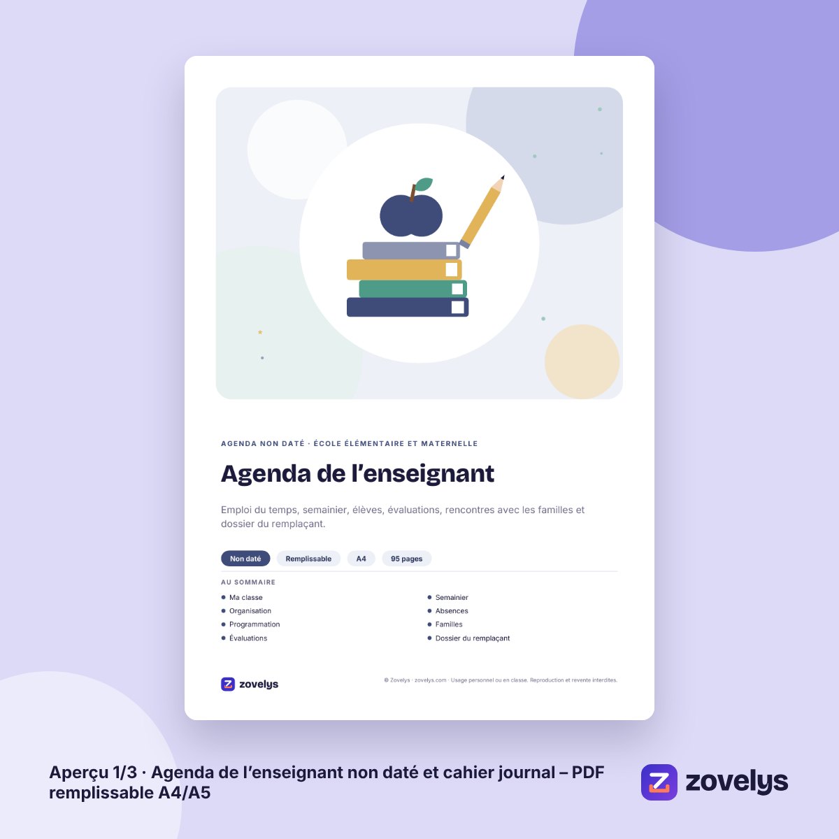 Agenda de l’enseignant non daté et cahier journal – PDF remplissable A4/A5 – aperçu 1