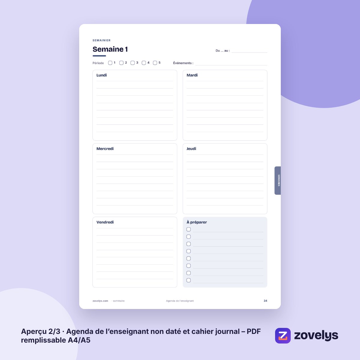 Agenda de l’enseignant non daté et cahier journal – PDF remplissable A4/A5 – aperçu 2