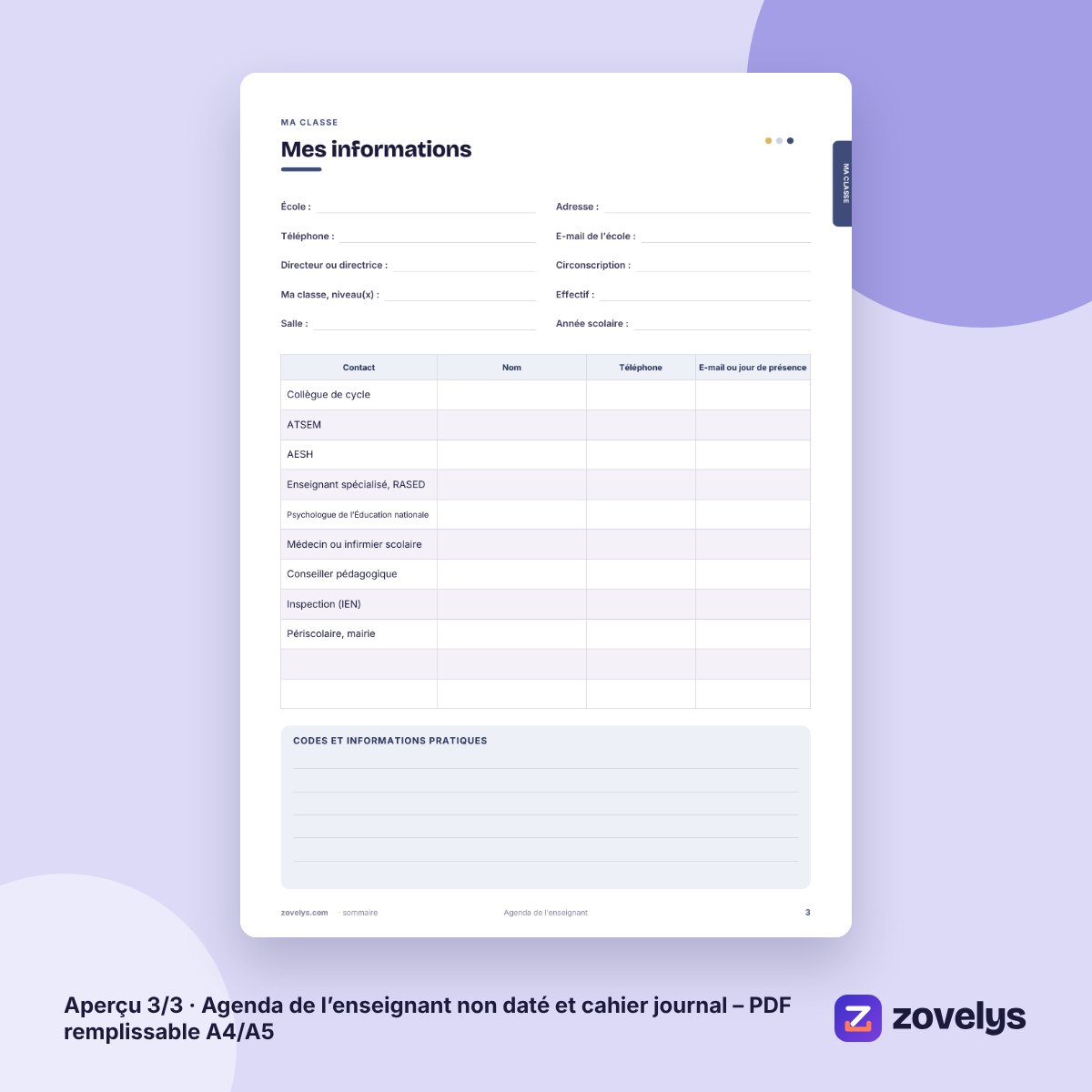 Agenda de l’enseignant non daté et cahier journal – PDF remplissable A4/A5 – aperçu 3