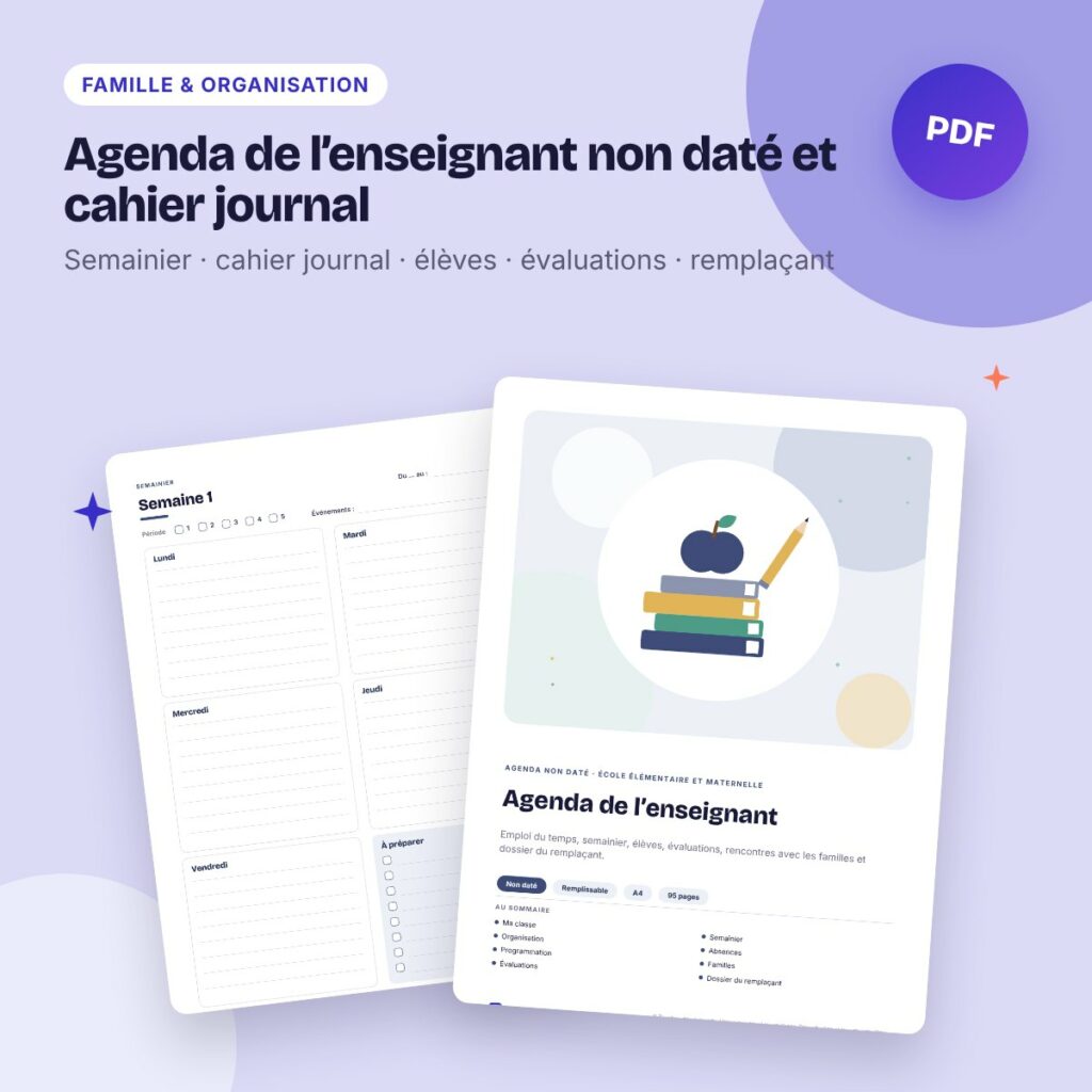 Agenda de l’enseignant non daté et cahier journal – PDF remplissable A4/A5