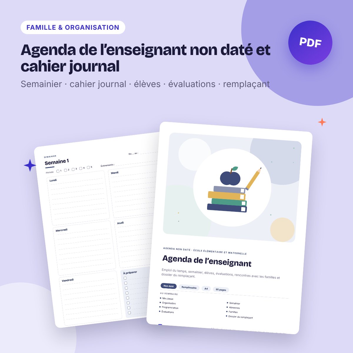 Agenda de l’enseignant non daté et cahier journal – PDF remplissable A4/A5