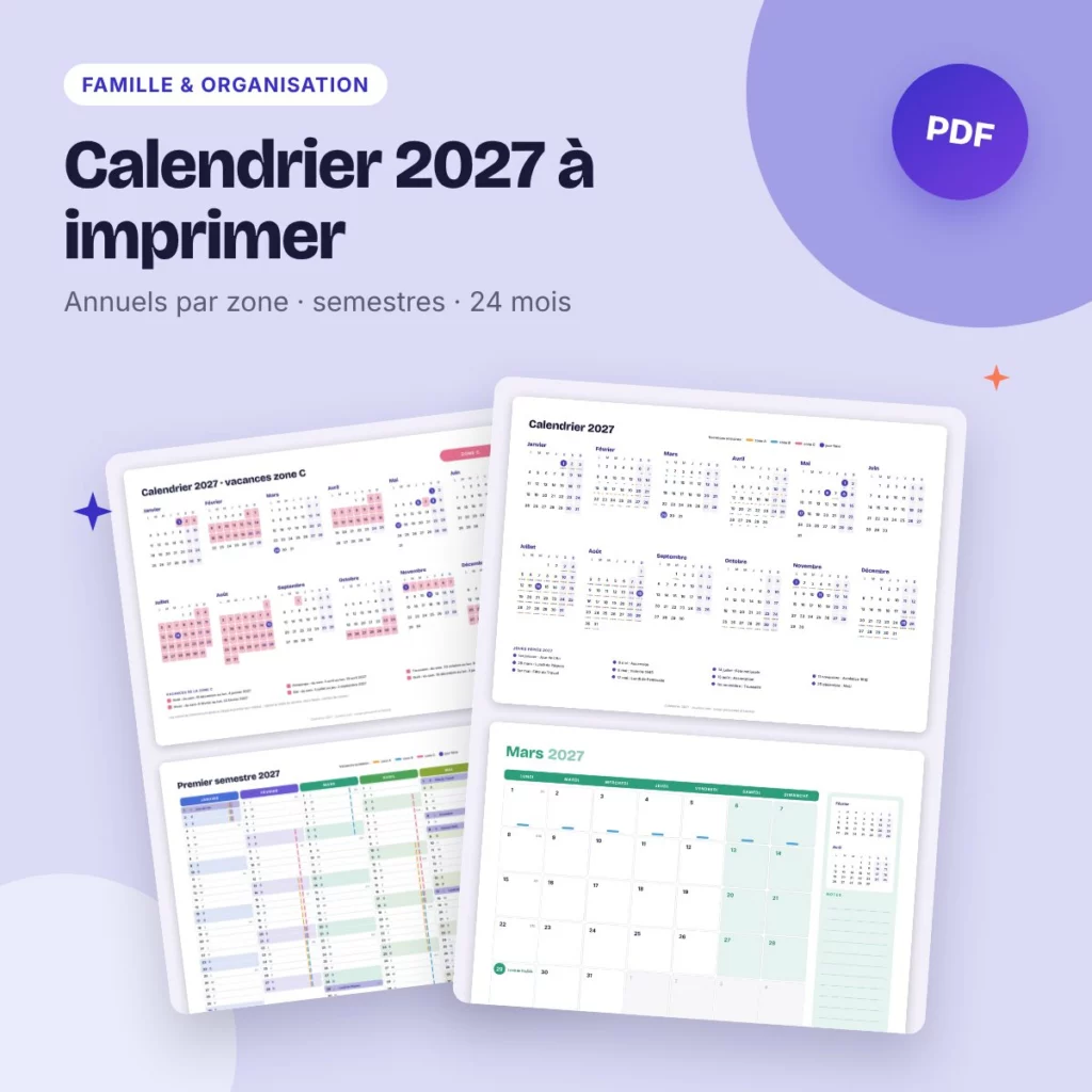 Calendrier 2027 à imprimer – annuel, mensuel, vacances scolaires A, B, C