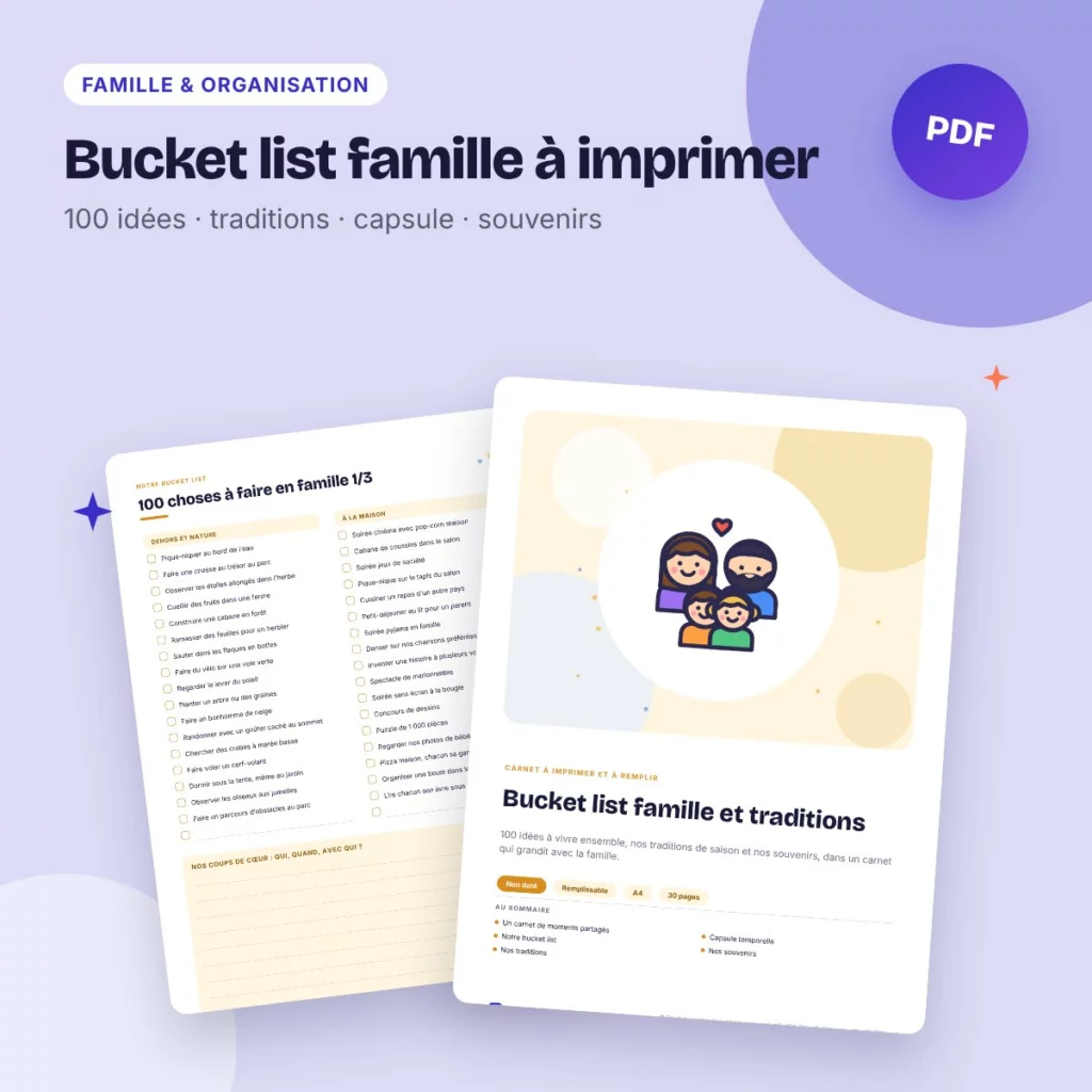 Bucket list famille à imprimer – 100 idées, traditions, capsule temporelle