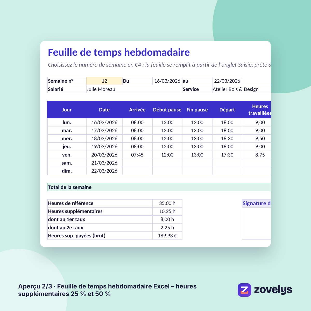 Feuille de temps hebdomadaire Excel – heures supplémentaires 25 % et 50 % – aperçu 2