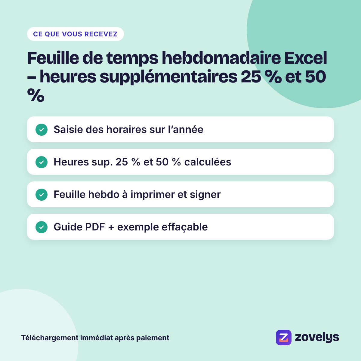 Feuille de temps hebdomadaire Excel – heures supplémentaires 25 % et 50 % – aperçu 4