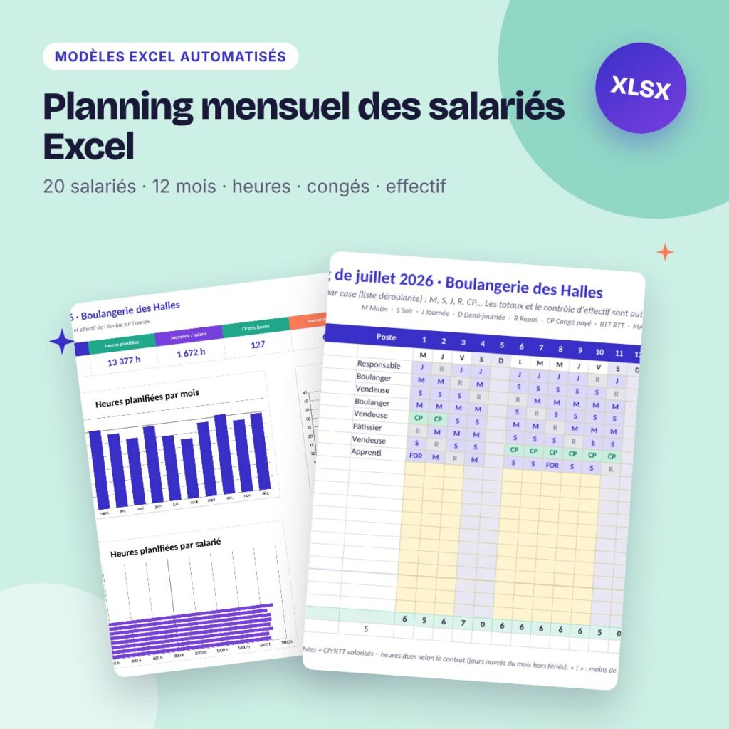 Planning mensuel des salariés Excel – 12 mois, horaires, congés et effectif