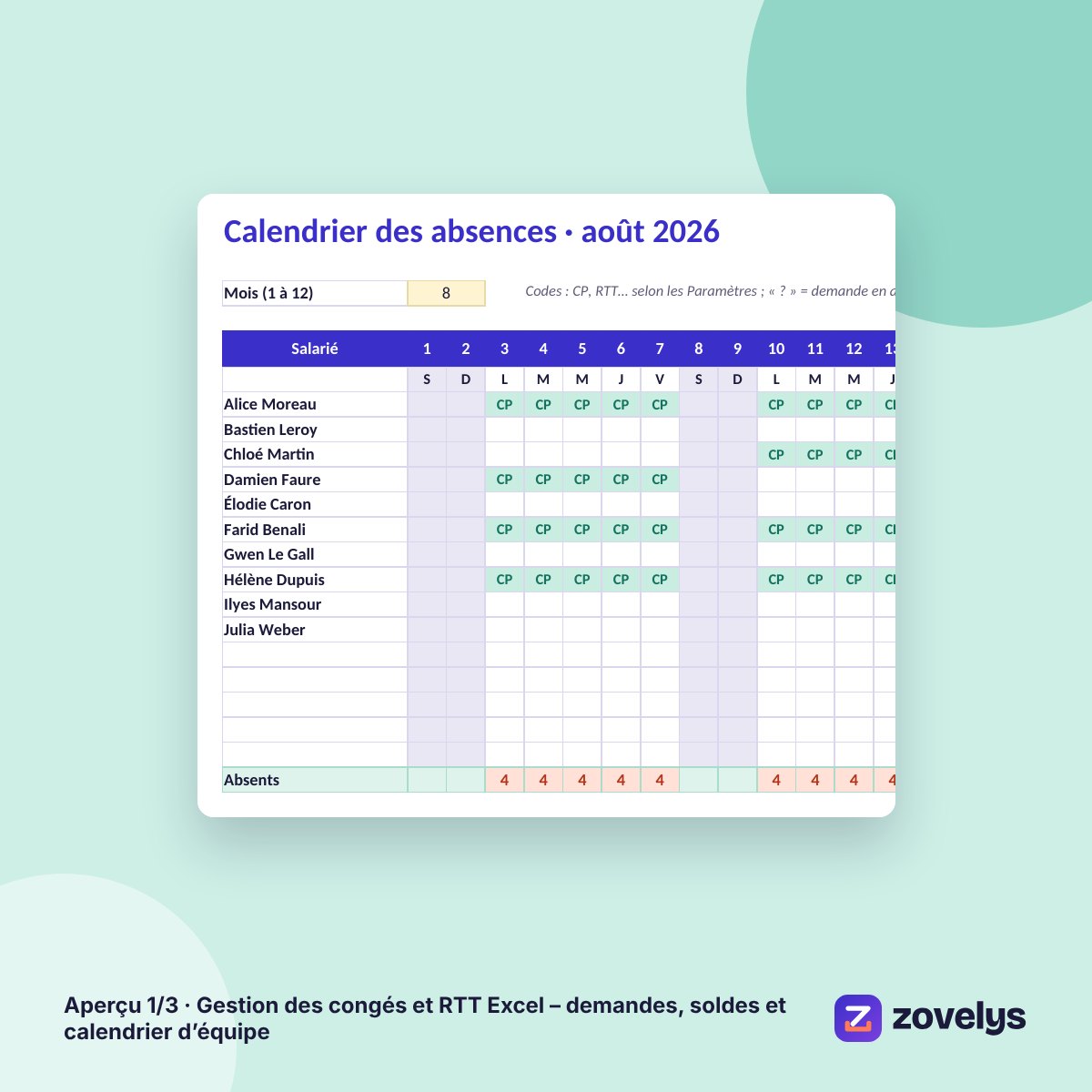 Gestion des congés et RTT Excel – demandes, soldes et calendrier d’équipe – aperçu 1