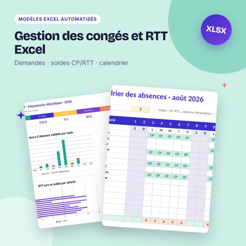 Gestion des congés et RTT Excel – demandes, soldes et calendrier d’équipe
