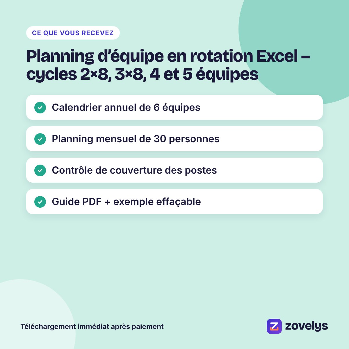 Planning d’équipe en rotation Excel – cycles 2×8, 3×8, 4 et 5 équipes – aperçu 4