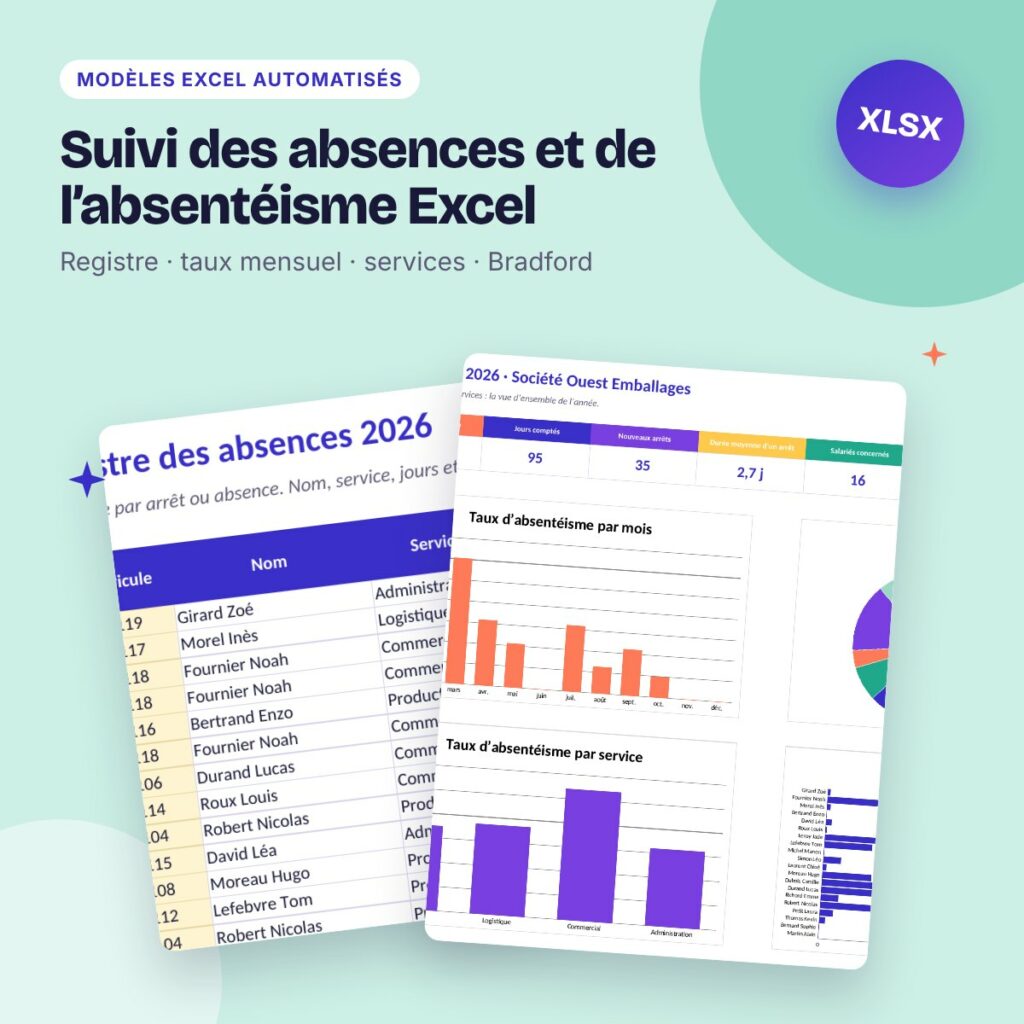 Suivi des absences et de l’absentéisme Excel – registre, taux et Bradford