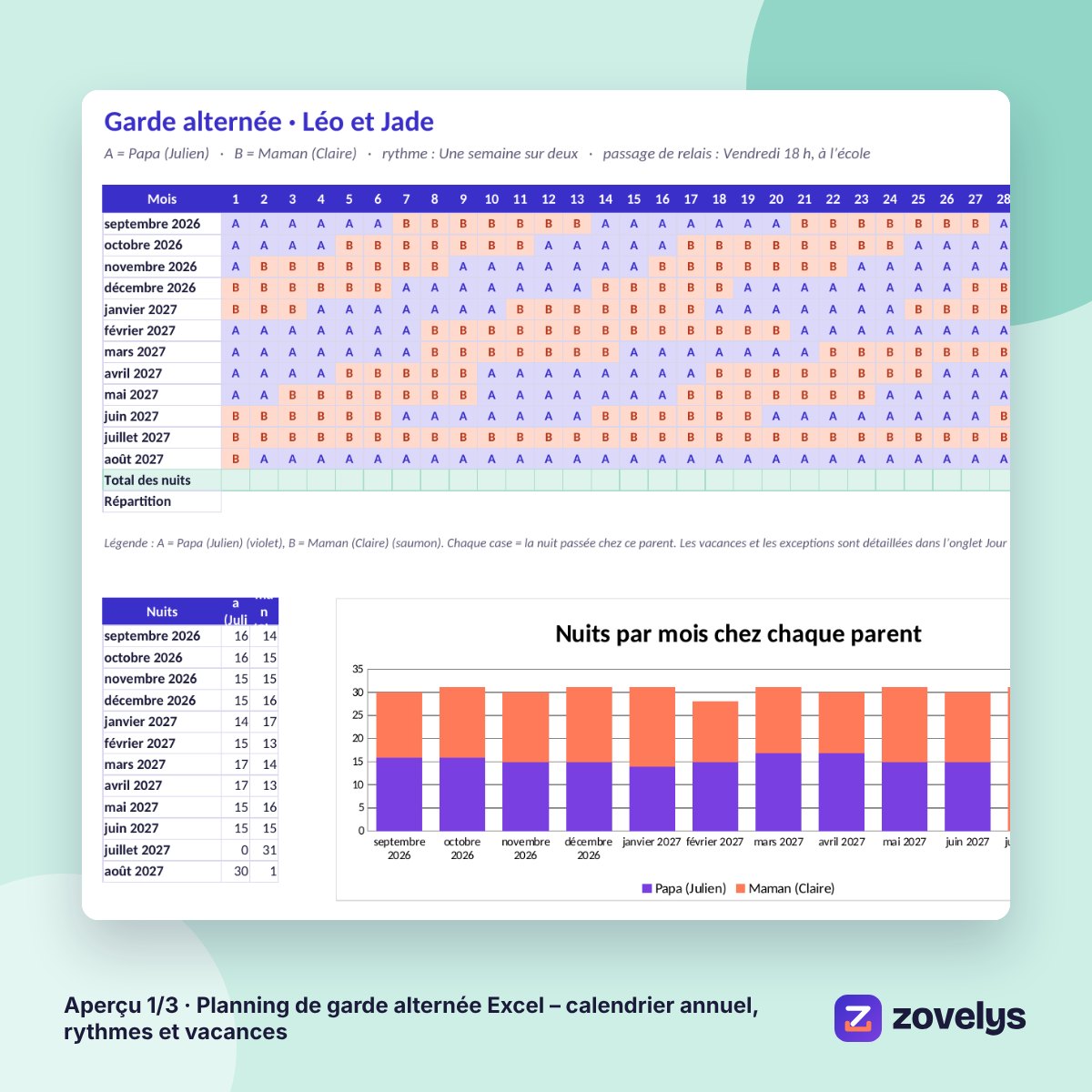 Planning de garde alternée Excel – calendrier annuel, rythmes et vacances – aperçu 1