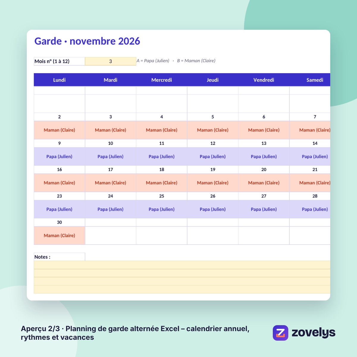 Planning de garde alternée Excel – calendrier annuel, rythmes et vacances – aperçu 2