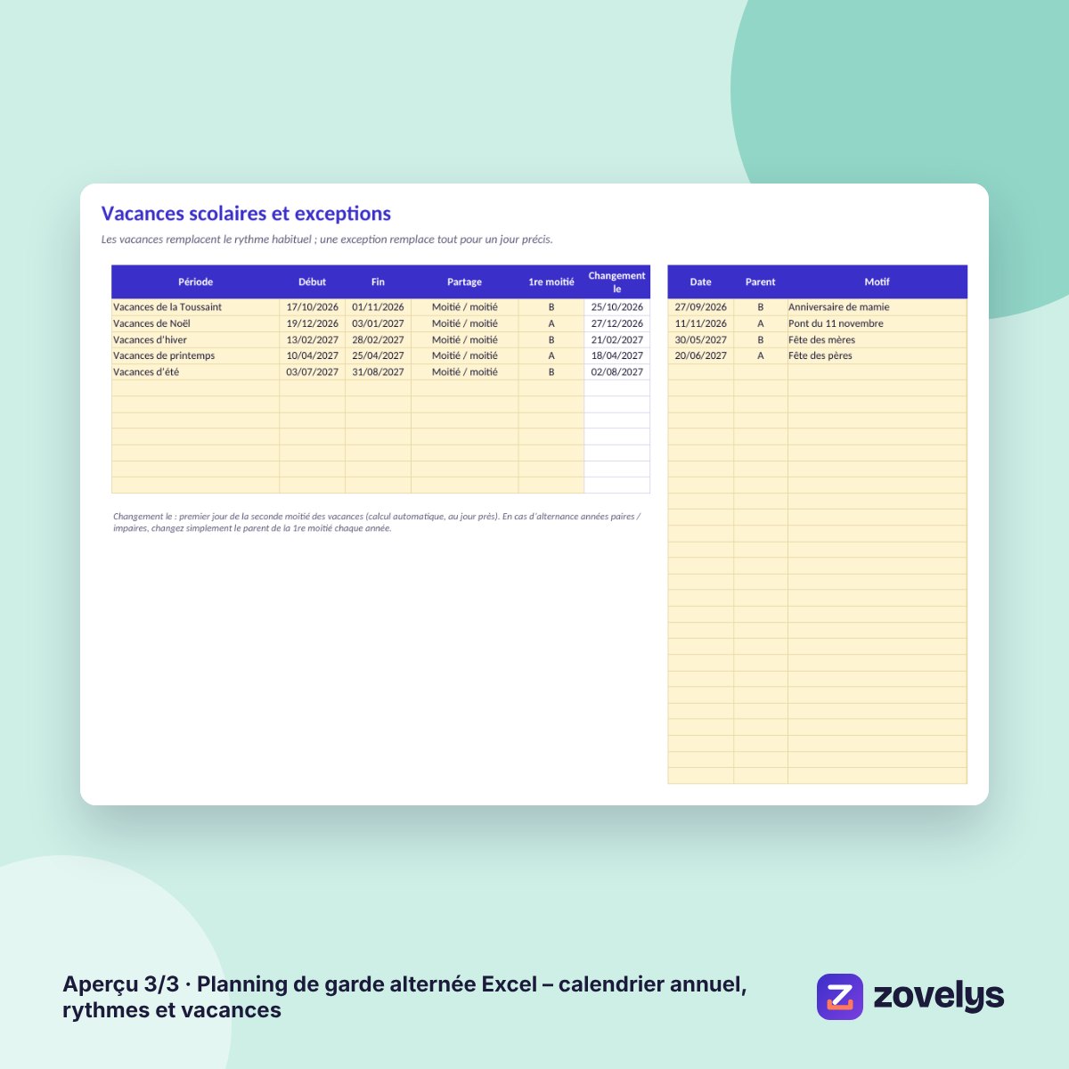 Planning de garde alternée Excel – calendrier annuel, rythmes et vacances – aperçu 3