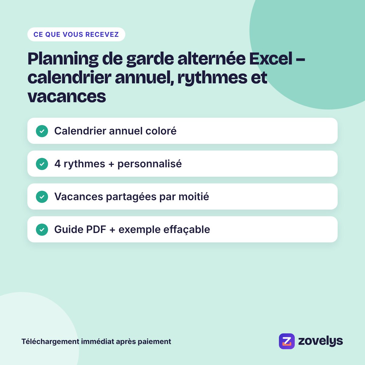 Planning de garde alternée Excel – calendrier annuel, rythmes et vacances – aperçu 4