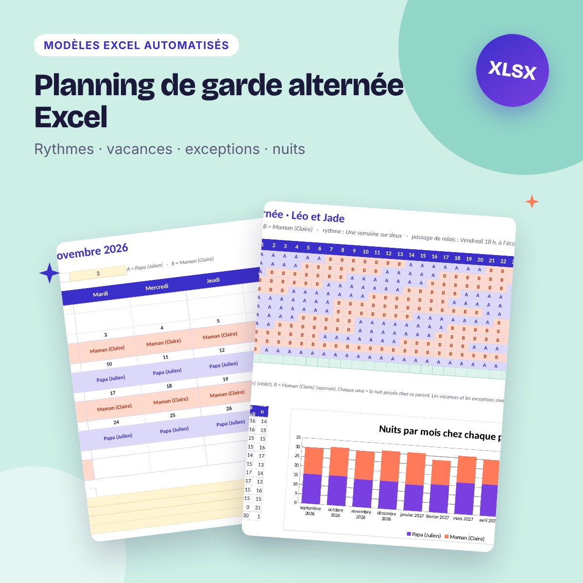 Planning de garde alternée Excel – calendrier annuel, rythmes et vacances
