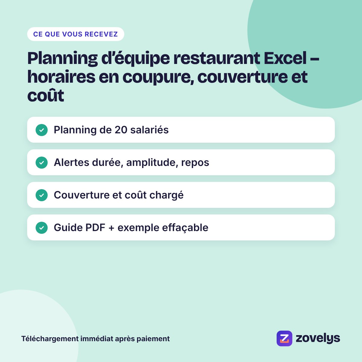 Planning d’équipe restaurant Excel – horaires en coupure, couverture et coût – aperçu 4