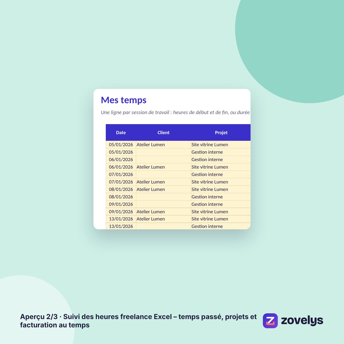 Suivi des heures freelance Excel – temps passé, projets et facturation au temps – aperçu 2