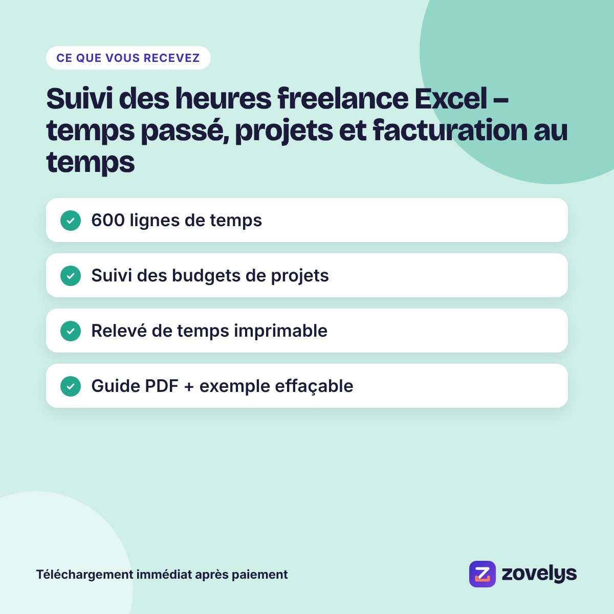 Suivi des heures freelance Excel – temps passé, projets et facturation au temps – aperçu 4