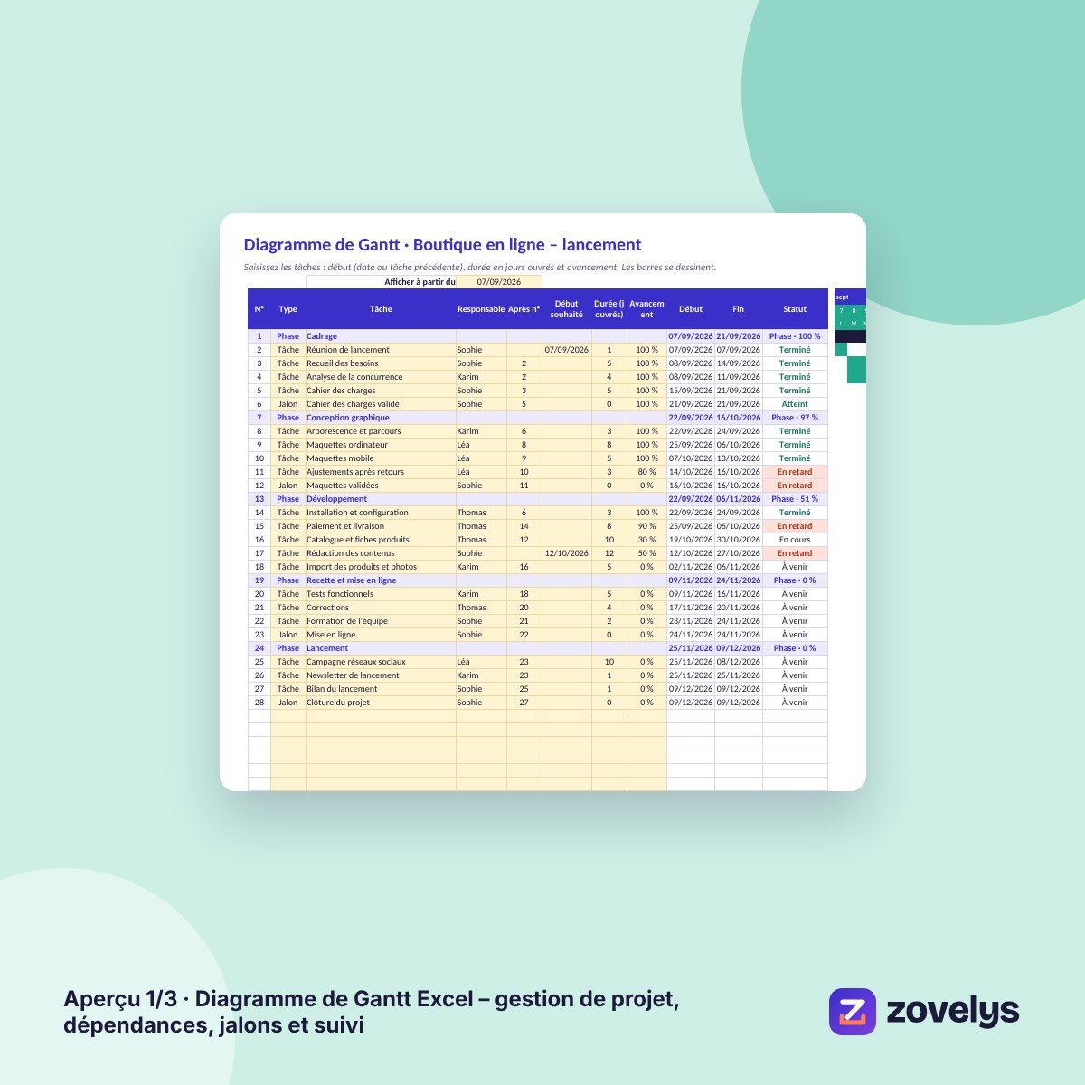 Diagramme de Gantt Excel – gestion de projet, dépendances, jalons et suivi – aperçu 1