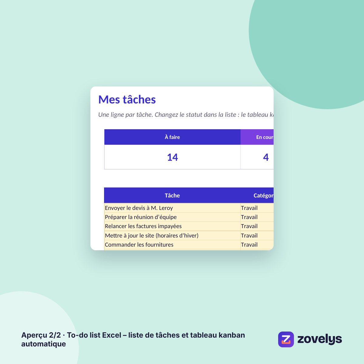 To-do list Excel – liste de tâches et tableau kanban automatique – aperçu 2