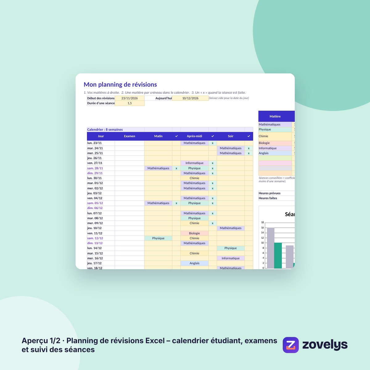 Planning de révisions Excel – calendrier étudiant, examens et suivi des séances – aperçu 1
