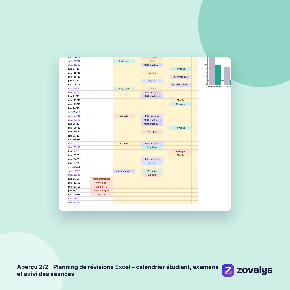 Planning de révisions Excel – calendrier étudiant, examens et suivi des séances – aperçu 2