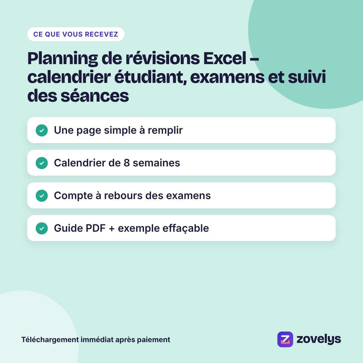 Planning de révisions Excel – calendrier étudiant, examens et suivi des séances – aperçu 3