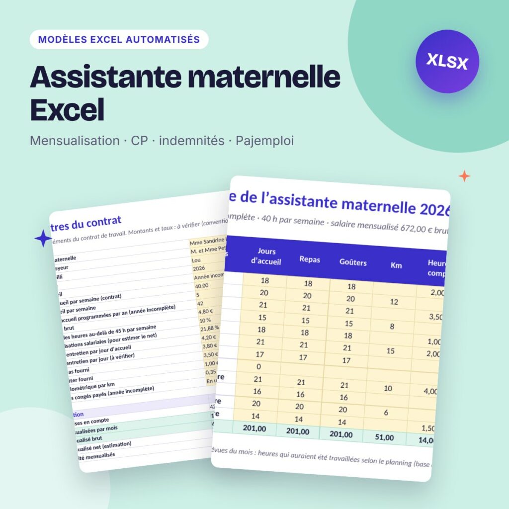 Assistante maternelle Excel – mensualisation, heures, indemnités et Pajemploi