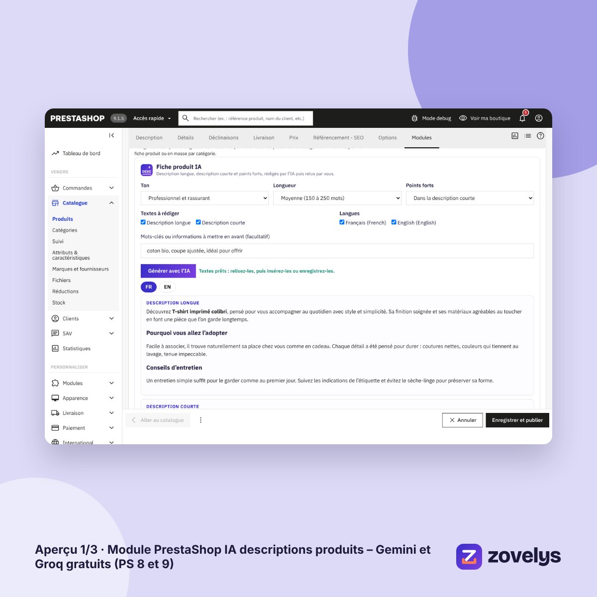 Module PrestaShop IA descriptions produits – Gemini et Groq gratuits (PS 8 et 9) – aperçu 1
