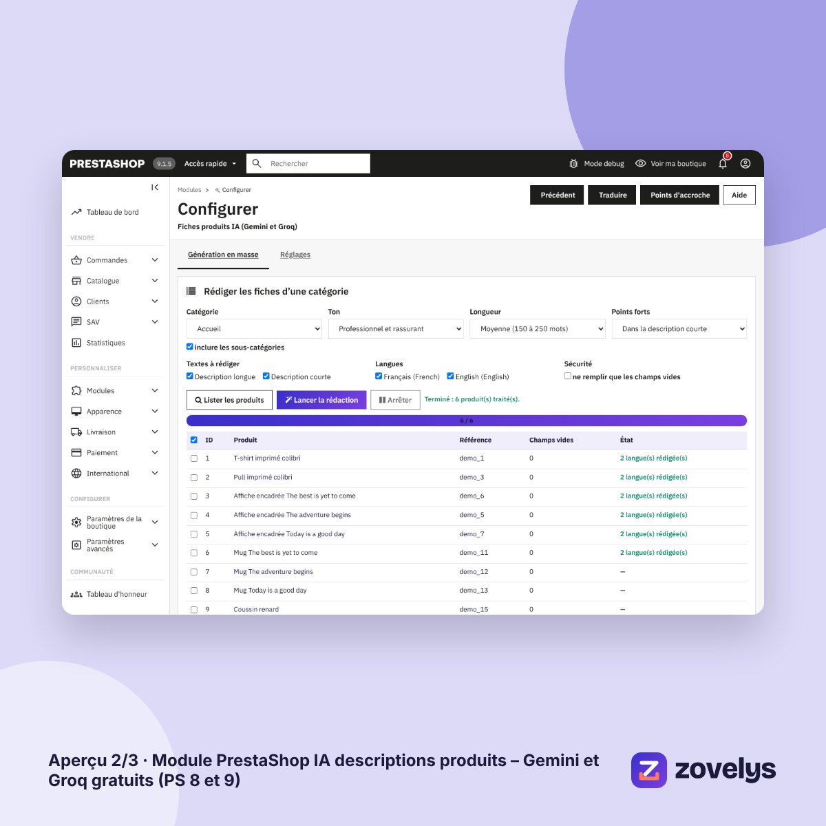 Module PrestaShop IA descriptions produits – Gemini et Groq gratuits (PS 8 et 9) – aperçu 2