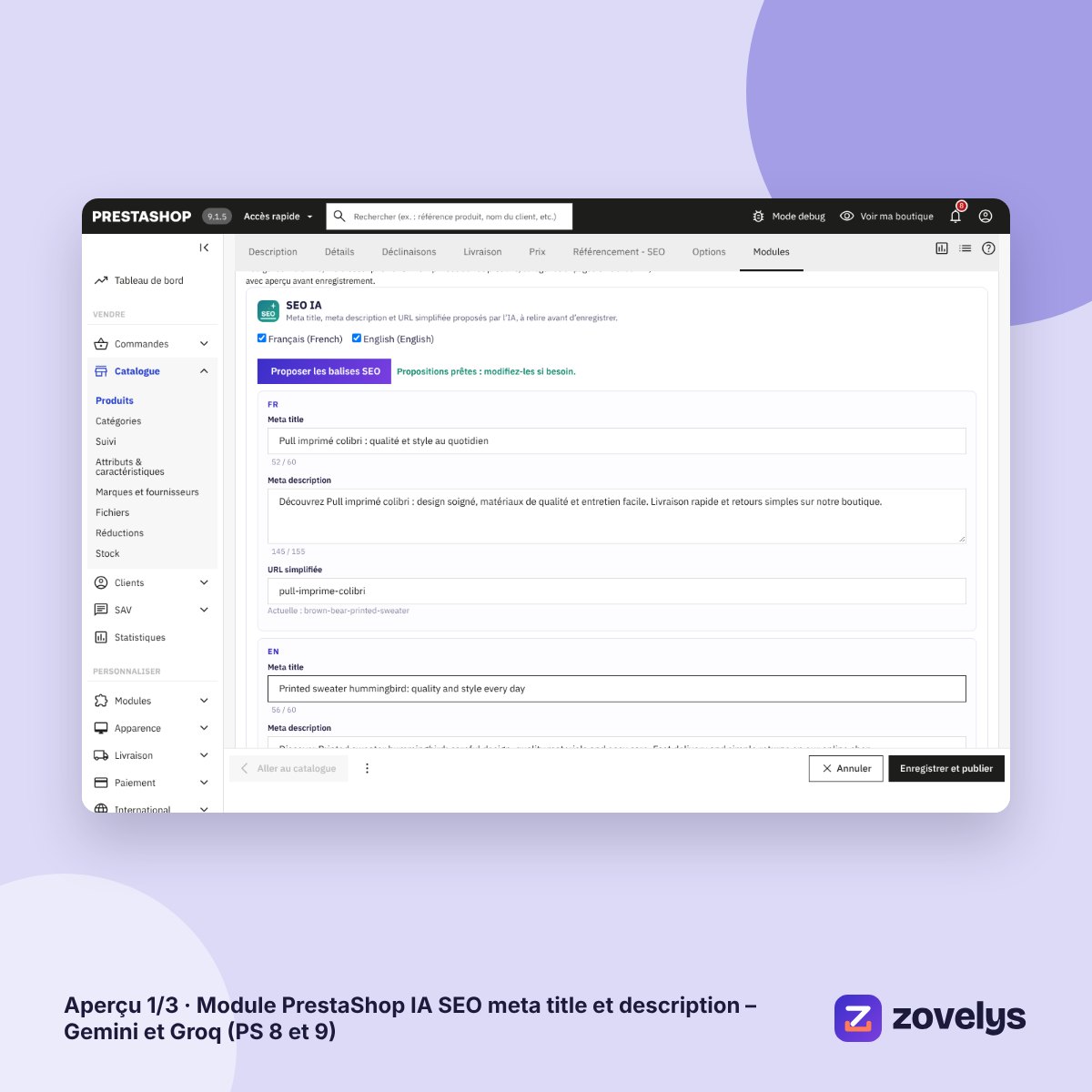 Module PrestaShop IA SEO meta title et description – Gemini et Groq (PS 8 et 9) – aperçu 1