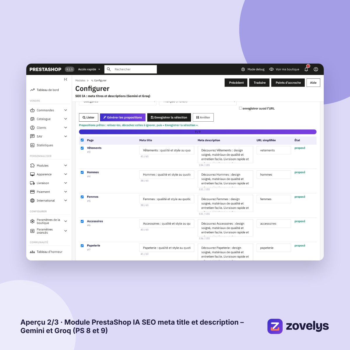 Module PrestaShop IA SEO meta title et description – Gemini et Groq (PS 8 et 9) – aperçu 2